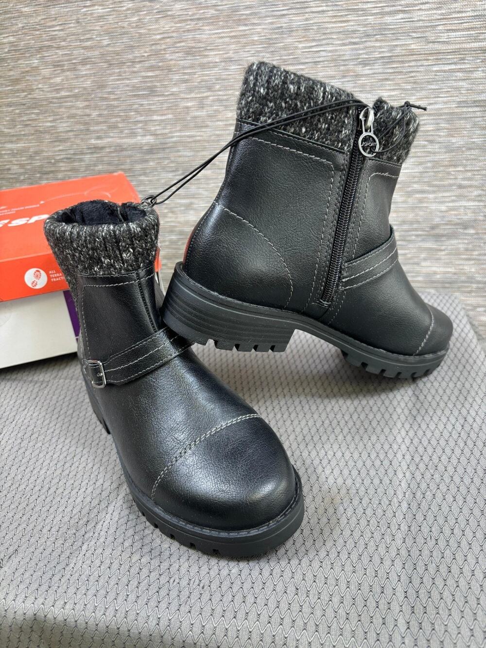 JSport Violet Boots Women's Black Zip Knit Cuff and Memory Foam Comfort Sz 8 NEW